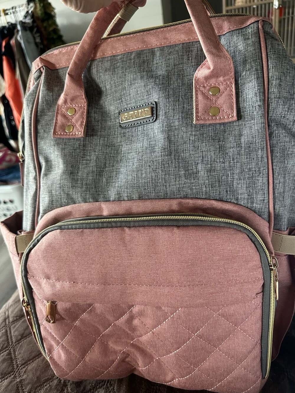GAIVP Diaper Bag Backpack Grey Pink Quilted Travel Mommy Bag